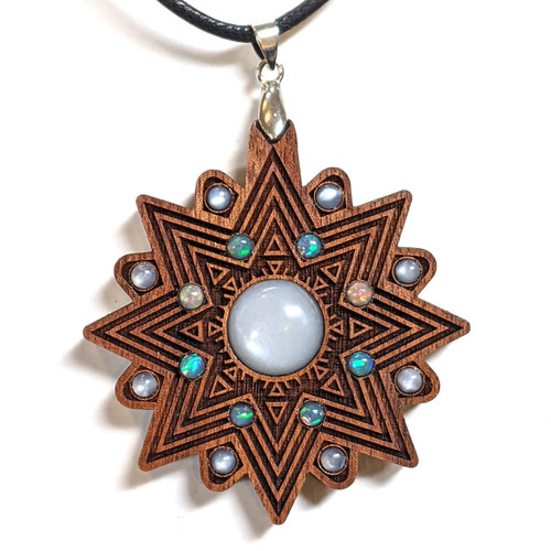 Intuition Talisman - White Moonstone and Ethiopian Opal - Starburst Echo design by Julie Banwellund by LaserTrees | Handcrafted Sacred Geometry