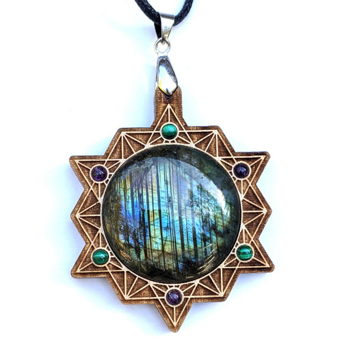Psychic Protection Talisman - Labradorite, Malachite and Amethyst - Gemstone Grid Talisman by LaserTrees | Handcrafted Sacred Geometry