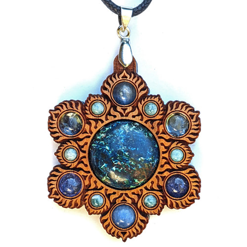 Communication Talisman - Chrysocolla, Blue Kyanite, Aquamarine, Tanzanite and Amazonite - Gemstone Grid Talisman by LaserTrees | Handcrafted Sacred Geometry