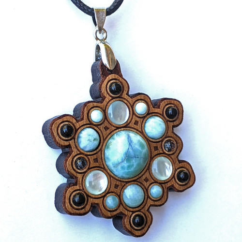 LaserTrees Calming Talisman - Larimar, Mother of Pearl, Prehnite, Sky Blue Topaz and Black Agate - Gemstone Grid Talisman