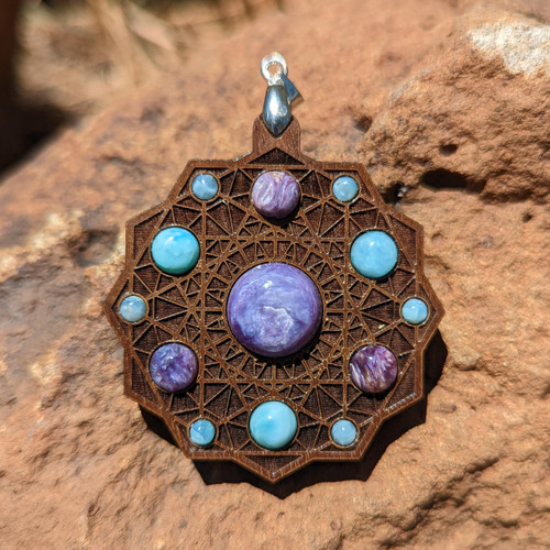 Cathedral Talisman for Forgiveness & Emotional Soothing on Walnut Hardwood - Charoite & Larimar on Walnut Hardwood by LaserTrees | Handcrafted Sacred Geometry