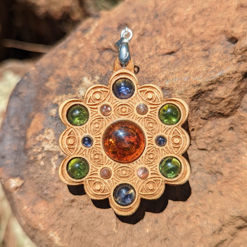 LaserTrees Eye Mandala Talisman for Warmth, Health & Strength - Amber, Peridot and Iolite on Maple Hardwood