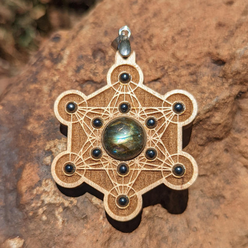 Metatron's Cube Talisman for Magic & Manifestation - Labradorite & Hematite on Maple Hardwood by LaserTrees | Handcrafted Sacred Geometry