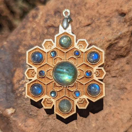 Hex Flower Talisman for Transformation & Self-Mastery - Labradorite on Maple Hardwood by LaserTrees | Handcrafted Sacred Geometry