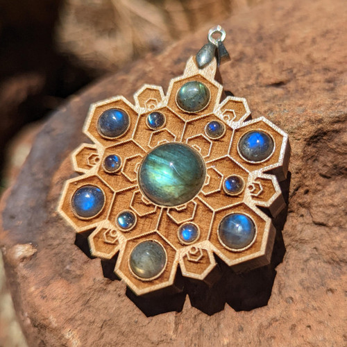 LaserTrees Hex Flower Talisman for Transformation & Self-Mastery - Labradorite on Maple Hardwood