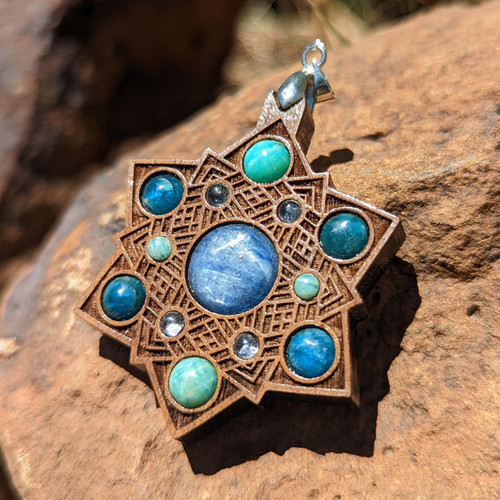 Star Basket Talisman for Clear and Loving Communication - Blue Kyanite, Apatite & Amazonite on Walnut Hardwood by LaserTrees | Handcrafted Sacred Geometry