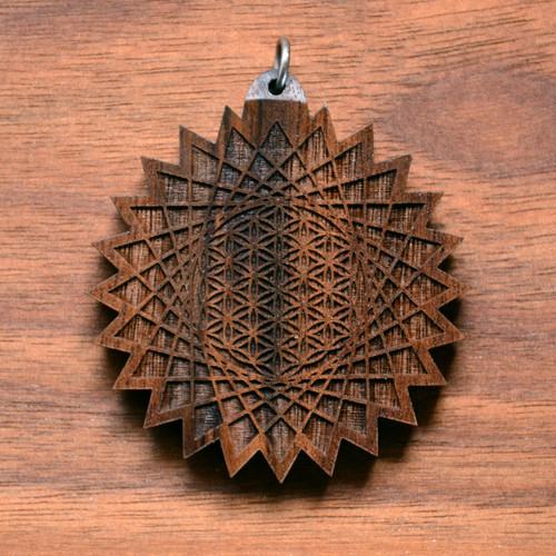 LaserTrees Flower of Life Grid Pointed Hardwood Pendant