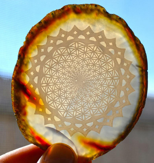 LaserTrees Flower of Life Vortex Mandala Design by Rooz Kashani - Laser Engraved Agate
