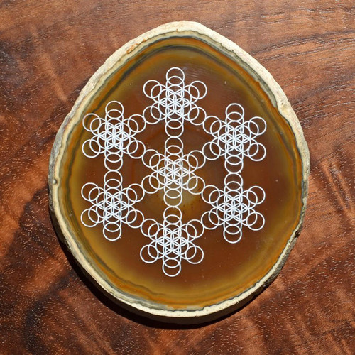 Truncated Fruit of Life Grid Design - Laser Engraved Agate by LaserTrees | Gemstone Metaphysical Art