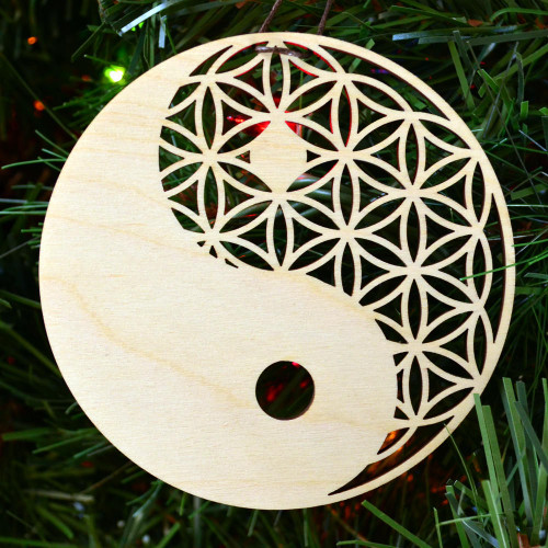 LaserTrees Yin Yang Flower of Life Ornament - Sacred Geometry - Laser Cut Wood 