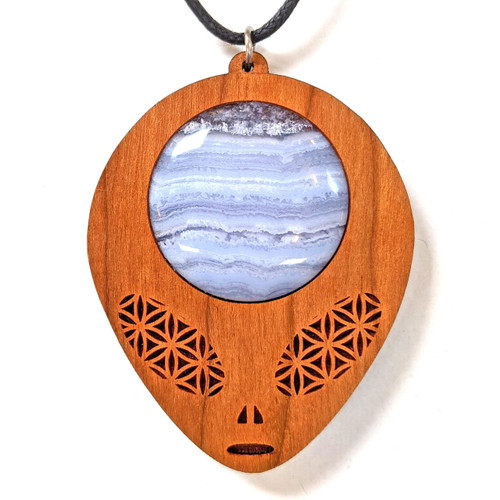 Sacred Geometry Alien Hardwood 30mm Gemstone Pendant by LaserTrees | Handcrafted Sacred Geometry