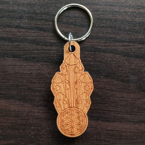 Crystal Cluster Flower of Life Orb Hardwood Keychain by LaserTrees | Sustainable Geometric Gift