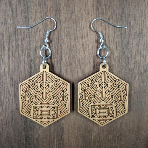 Cube Linework Hardwood Earrings by LaserTrees | Artisan Boutique Jewelry
