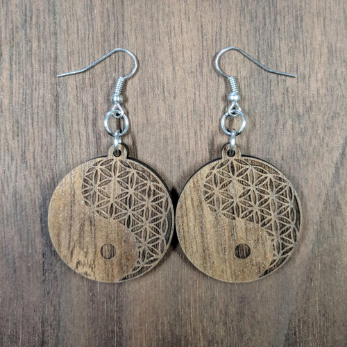 LaserTrees Yin Yang Flower of Life Hardwood Earrings