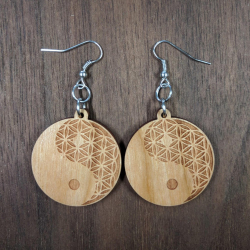 Yin Yang Flower of Life Hardwood Earrings by LaserTrees | Artisan Boutique Jewelry