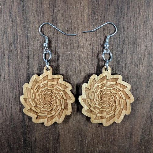 Fibonacci Checker Vortex Hardwood Earrings by LaserTrees | Artisan Boutique Jewelry