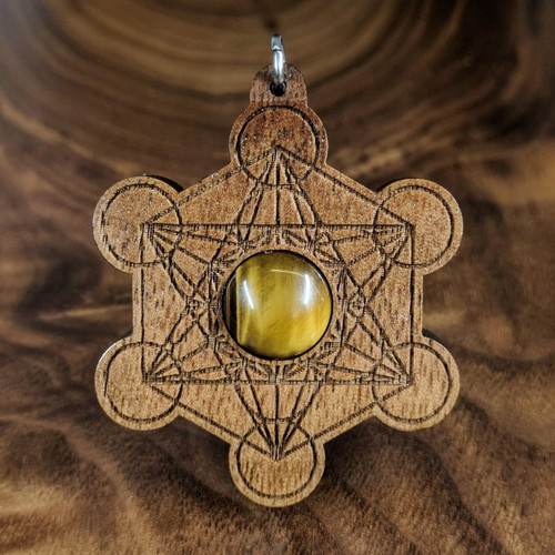 Metatrons Cube Hardwood Pendant in Walnut with 12mm Tigerseye by LaserTrees | Handcrafted Sacred Geometry