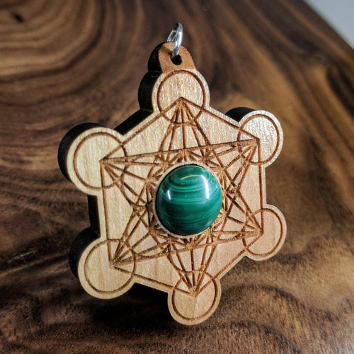LaserTrees Metatrons Cube Hardwood Pendant in Cherry with 12mm Malachite