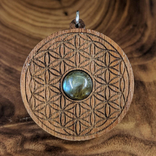 Flower of Life Hardwood Pendant in Walnut with 12mm Labradorite by LaserTrees | Gemstone Metaphysical Art