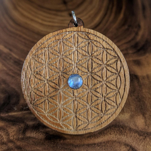 Flower of Life Hardwood Pendant in Walnut with 6mm Rainbow Moonstone by LaserTrees | Gemstone Metaphysical Art