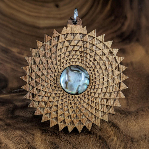 Phi Triangle Grid Hardwood Pendant in Walnut with 12mm Abalone Crystal Doublet by LaserTrees | Gemstone Metaphysical Art