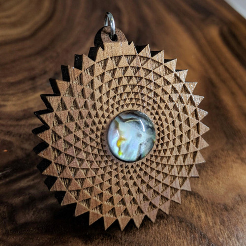 LaserTrees Phi Triangle Grid Hardwood Pendant in Walnut with 12mm Abalone Crystal Doublet