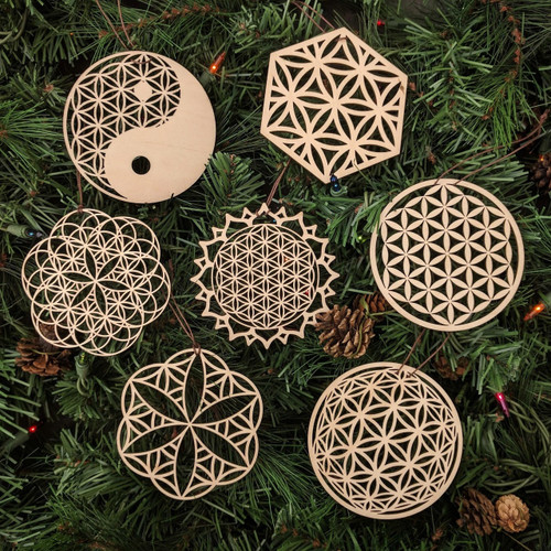 Flower of Life Holiday Ornaments - Set of Seven - Laser Cut Wood by LaserTrees | Intricate Home Accents