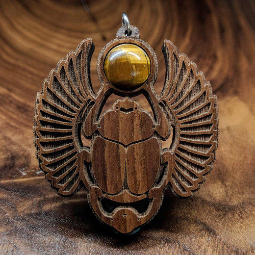 Sacred Scarab Hardwood Pendant in Walnut with Tigerseye by LaserTrees | Handcrafted Sacred Geometry
