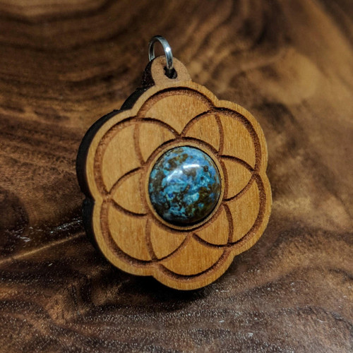 LaserTrees Seed of Life Hardwood Pendant in Cherry with Chrysocolla