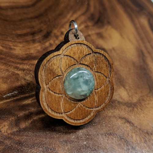 LaserTrees Seed of Life Hardwood Pendant in Walnut with Prehnite