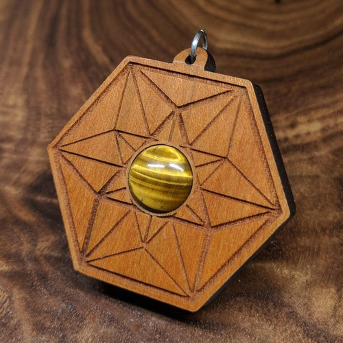 LaserTrees Vector Equilibrium Hardwood Pendant in Cherry with 12mm Tigers Eye 