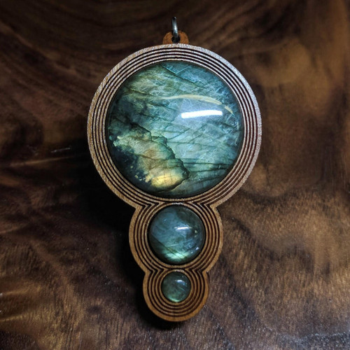 Orb Drip Hardwood Pendant in Cherry with 3 Labradorite Gemstones by LaserTrees | Handcrafted Sacred Geometry