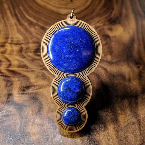 LaserTrees Fibonacci Orb Drip Hardwood Pendant in Cherry with 3 Lapis Lazuli Gemstones 