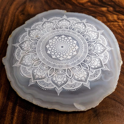 LaserTrees Wildcat Mandala Vortex - Collaboration with Liquid Dreams - Laser Engraved Agate