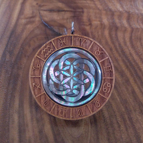 LaserTrees Carved Seed of Life Mother of Pearl Zodiac Portal Hardwood 30mm Abalone Gemstone Pendant 