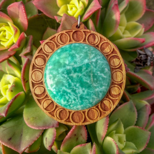 Moon Phases Hardwood 30mm Gemstone Pendant by LaserTrees | Handcrafted Sacred Geometry
