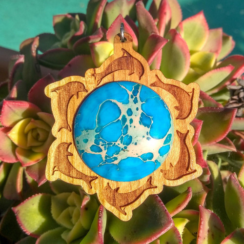 Dolphin Mandala Hardwood 30mm Gemstone Mermaid Pendant by LaserTrees | Handcrafted Sacred Geometry