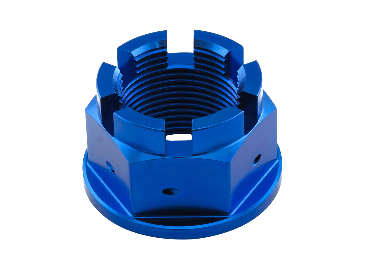 Titanium Race Drilled Rear Axle Nut M24x1.5 (Blue) (Crown Style