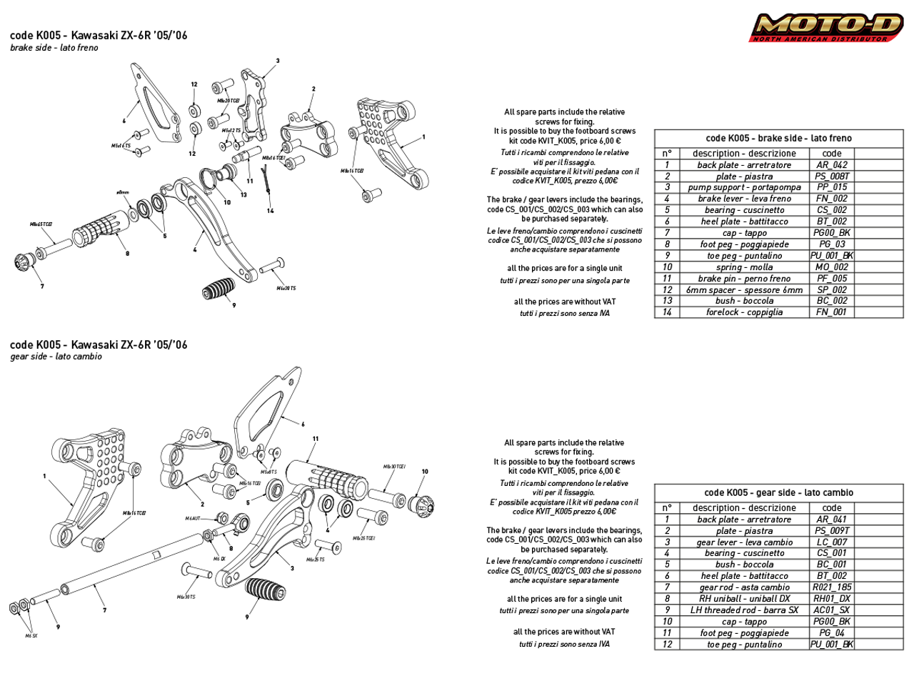 Bonamici Kawasaki Ninja ZX-6R Rearsets (05-06)