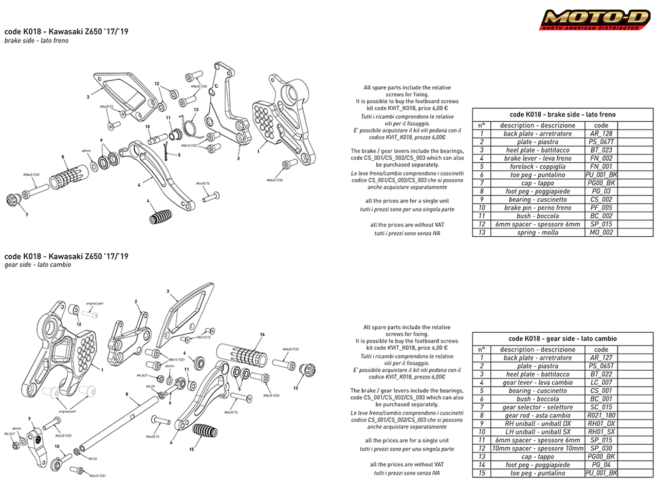 Bonamici Motorcycle Rearsets |Kawasaki Z650 / Ninja 650 : MOTO-D 