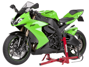 Once the Jack Stand is secured to the swing arm pivot using the bike-specific adapter, the bike can be balanced straight up and levered into the air with the telescopic extension built into the stand