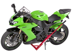 the bike can be balanced straight up and levered into the air with the telescopic extension built into the stand