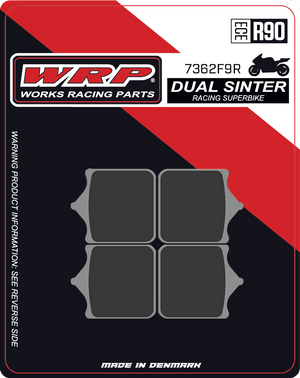 WRP Brake Pads Dual Sinter DS Racing Superbike 7362 F9R
Fitment
Same as SBS 762 DS-1 / DS1
Aprilia RSV 1000 Mille/R/Pista/Nera (2001-2007)
Ducati 748 S/R (2001-2002)
Ducati 749 S/R (2003-2007)
Ducati 996 R (2001+)
Ducati 998 R (2002+)
Ducati 999 S/R (2003-2007)
Husqvarna 701 Supermoto
KTM 690 SMC R 
MV Agusta F4 R 1000 (2006-2007)
Discacciati FDRT100 Radial 4-Piston Calipers (100MM)
Discacciati FDRT108 Radial 4-Piston Calipers (108MM)
Equivalent to Galfer 262
Equivalent to Vesrah VD-986
Equivalent to EBC FA322