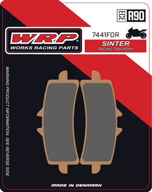 WRP Brake Pads Sinter Racing / Trackday 7441 F0R
Fitment
OEM Brembo M4, M50, GP4-RS, Stylema, GP4-RX, GP4-MS / DS1
Same as SBS 841 RST / RS
Aprilia RSV4 1000 ABS (2009-2014)
Aprilia RSV4 1000 Factory (2009-2011)
Aprilia RSV4 1000 Factory APRC ABS (2014-2016)
Aprilia RSV4 1100 (non-Factory) (2019+)
Aprilia RSV4 1100 Factory (2019-2024)
Ducati 848 EVO (2011-2012)
Ducati 1098 (2007-2010)
Ducati 1098/S Streetfighter (2009-2014)
Ducati 1198 S/SP (2009-2013)
Ducati Streetfighter V2 (2025)
Ducati Hypermotard 1100/SP/EVO (2007-2013)
Ducati Panigale 1199 (2012-2015)
Ducati Panigale 1299 (2015+)
Ducati Panigale V2 (2025)
Ducati Panigale V4 (2018-2024)
Ducati Panigale V4 S (2018-2024)
Ducati Panigale V4 R (2019+)
Ducati Monster V2
Honda CBR 1000 RR-R Fireblade SP/SP2 (2023+) (Brembo)
Kawasaki Ninja H2 (2015+)
Kawasaki Ninja ZX-10R (2016+)
Kawasaki ZH2 SE 1000 (2021+)
KTM Duke 690/R (2014-2017)
KTM RC8 1190 (2008-2015)
KTM RC8 C 890
KTM SuperDuke 1290/R (2014+)
MV Agusta F4 (2012+)
MV Agusta F4 (2008-2011)
Suzuki GSX-R 600 / 750 (2011+)
Suzuki GSX-R 1000 (2012+)
Suzuki GSX-R 1000 R (17-19)
Suzuki GSX-S 1000GT /GT+
Suzuki Hayabusa (2013+)
Yamaha R1 (2025+)
Yamaha R9 (2025+)
Equivalent to Galfer 373
Equivalent to Vesrah VD-9031
Equivalent to EBC FA447