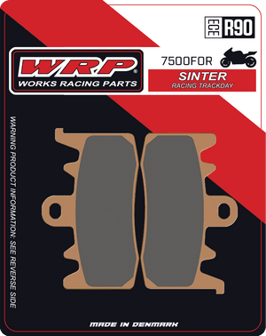 WRP Brake Pads Sinter Racing / Trackday 7500 F0R
Fitment
Same as SBS 900 DS-1 / DS1
Aprilia Tuono V4/R (2014-2016)
Aprilia RS660
BMW rNineT (2014+)
Ducati Monster 797 (2017+)
Ducati Monster 937 (non-SP)
Ducati Hypermotard 800/SP (2013+)
Ducati Scrambler 800 (2015+)
Ducati Monster 821 (2014+)
Ducati Hypermotard 939/SP (2016+)
Ducati Hypermotard 950/SP
Ducati Supersport 939 (2017+)
Ducati 899 Panigale (2014-2015)
Ducati 959 Panigale (2016+)
Ducati V2 Panigale (2020-2024)
Ducati Scrambler 1100 (2018+)
Ducati Monster 1200 (2014+)
Husqvarna 701 Supermoto (2021+)
Kawasaki ZH2 1000 (2020+)
KTM 690 SMC R (2021+)
MV Agusta 800 Rivale / Stradale (2013+)
Triumph Street Triple 765R (2017+) (does not fit S or RS) 
Equivalent to Galfer 475
Equivalent to Vesrah VD-9070
Equivalent to EBC FA630