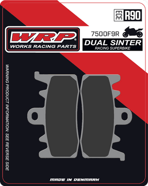 WRP Brake Pads Dual Sinter DS Racing Superbike 7500 F9R
Fitment
Same as SBS 900 DS-1 / DS1
Aprilia Tuono V4/R (2014-2016)
Aprilia RS660
BMW rNineT (2014+)
Ducati Monster 797 (2017+)
Ducati Monster 937 (non-SP)
Ducati Hypermotard 800/SP (2013+)
Ducati Scrambler 800 (2015+)
Ducati Monster 821 (2014+)
Ducati Hypermotard 939/SP (2016+)
Ducati Hypermotard 950/SP
Ducati Supersport 939 (2017+)
Ducati 899 Panigale (2014-2015)
Ducati 959 Panigale (2016+)
Ducati V2 Panigale (2020-2024)
Ducati Scrambler 1100 (2018+)
Ducati Monster 1200 (2014+)
Ducati Multistrada V4 (Base)
Harley Davidson Pan America /Special /CVO
Harley Davidson Sportster S
Kawasaki ZH2 1000 (2020+)
MV Agusta 800 Rivale / Stradale (2013+)
Triumph Street Triple 765R (2017+) (does not fit S or RS) 
Equivalent to Galfer 475
Equivalent to Vesrah VD-9070
Equivalent to EBC FA630
