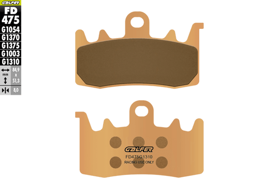 Galfer Racing Motorcycle Brake Pads FD475G1310 - Front (2/pc) (FD475G1310)
Fitment
Aprilia Tuono V4/R (2014-2016)
Aprilia RS660
BMW rNineT (2014+)
Ducati Monster 797 (2017+)
Ducati Monster 937 (non-SP)
Ducati Hypermotard 800/SP (2013+)
Ducati Scrambler 800 (2015+)
Ducati Monster 821 (2014+)
Ducati Hypermotard 939/SP (2016+)
Ducati Hypermotard 950/SP
Ducati Supersport 939 (2017+)
Ducati 899 Panigale (2014-2015)
Ducati 959 Panigale (2016+)
Ducati V2 Panigale (2020-2024)
Ducati Scrambler 1100 (2018+)
Ducati Monster 1200 (2014+)
Kawasaki ZH2 1000 (2020+)
MV Agusta 800 Rivale / Stradale (2013+)
Triumph Street Triple 765R (2017+) (does not fit S or RS) 
Equivalent to SBS 900 DS1
Equivalent to WRP 7500 F9R
Equivalent to Vesrah VD-9070
Equivalent to EBC FA630