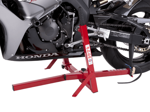 The abba Superbike Stand is an easy-to-use center/jack stand combination that lifts the frame of the bike from the swing arm pivot