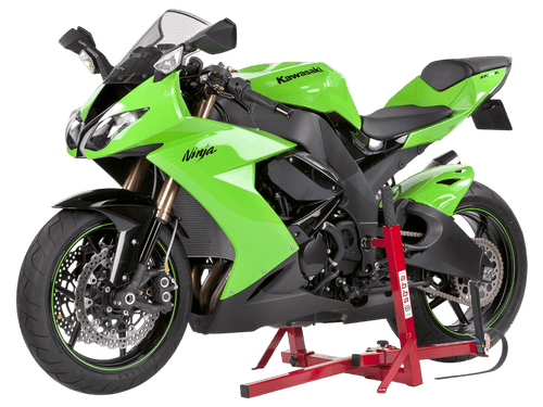 Once the Jack Stand is secured to the swing arm pivot using the bike-specific adapter, the bike can be balanced straight up and levered into the air with the telescopic extension built into the stand