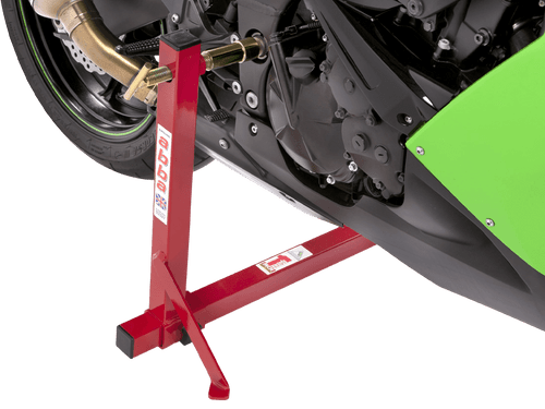 the superbike stand is secured to the swing arm pivot using the bike-specific adapter it cannot slip off